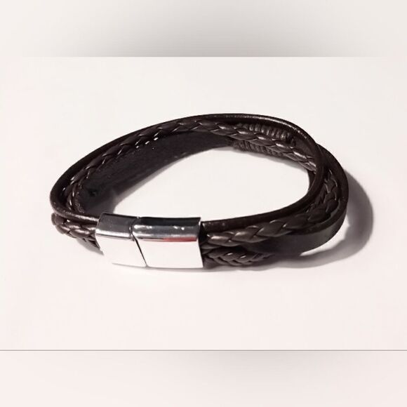 Leather bracelet men's layered braided brown New d27 - Picture 1 of 1
